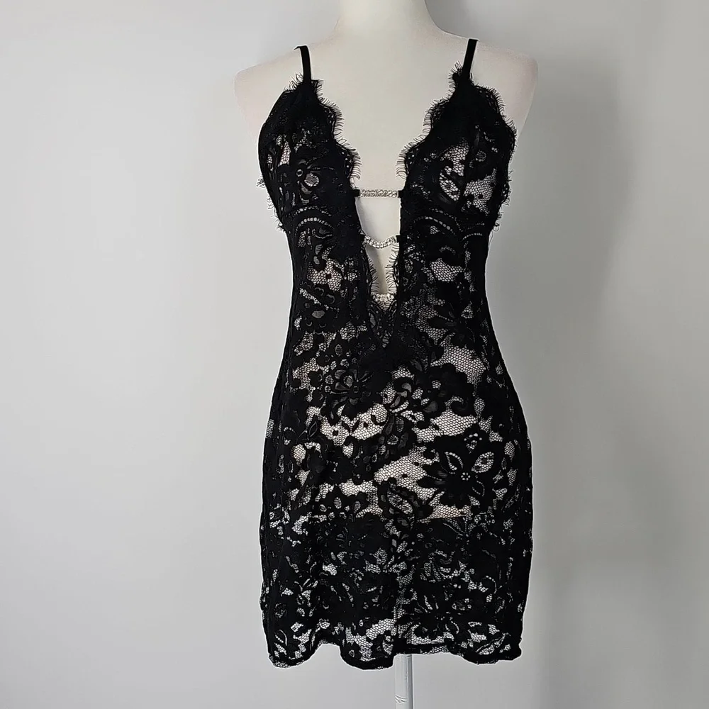 Sheer Black Lace Mini‎ Deep Vneck Nightgown w Crystal Embellishments Whimsigoth